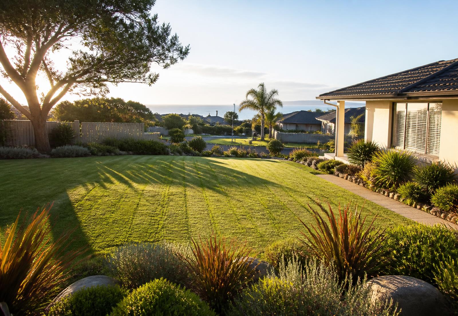 Freshly mown lawn and tidy garden beds at a Northern Beaches home